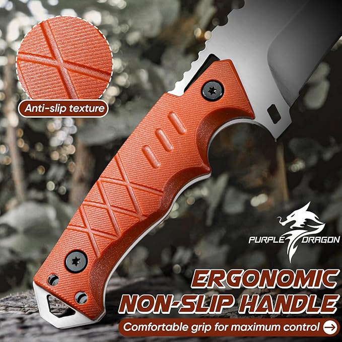 Purple Dragon Camping Knife with Sheath - D2 Steel Survival Knives for Bushcraft - Ergonomic G10 Handle Outdoor Survival Gear Christmas Gift for Men and Women