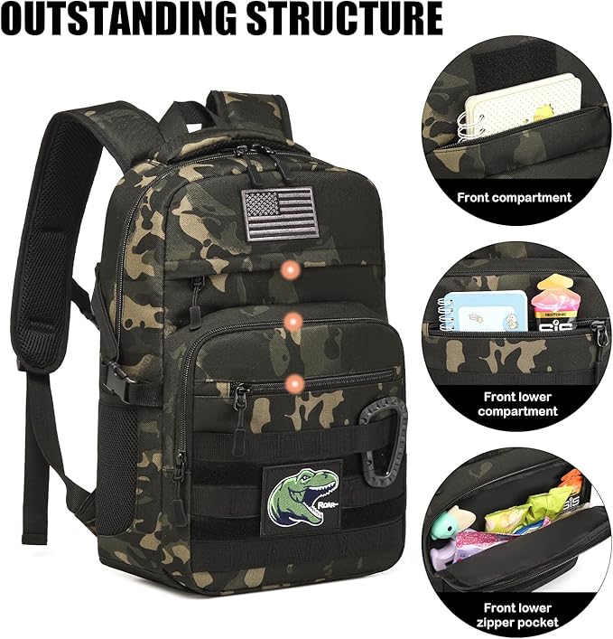 Kids Tactical Backpack Army Molle Bookbag Military Boys Backpack for School, Outdoor, Camping (Includes 2 Patches+1Carabiner), Black CM