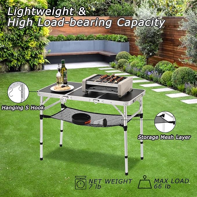 YihuiKo 3 ft Folding Table, Folding Camping Table with Storage Net, Lightweight Portable Aluminum Foldable Table with Adjustable Height Max 27.5 Inch Outdoor Table for Picnic Travel, Black