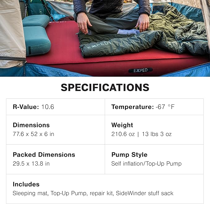 Exped MegaMat Max Duo Long Wide Plus - Self Inflating Plush Sleeping Mat, 6” Foam Pad, Pump Included