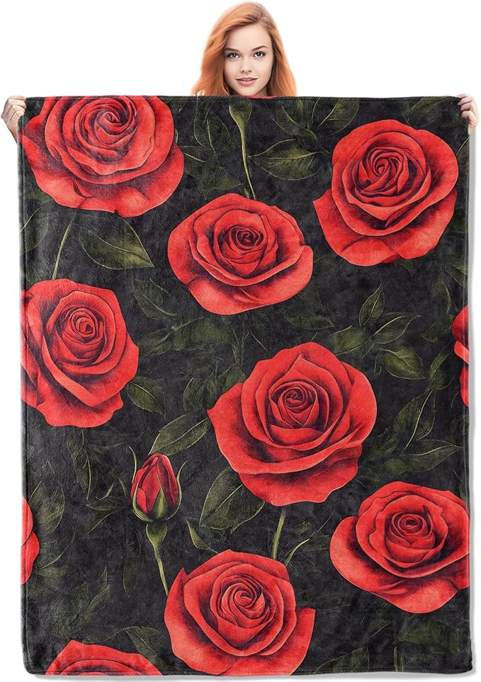 Red Roses Flannel Blanket, Floral Gifts, Floral-Themed Blanket for Women, Soft Lightweight Throw Blankets for Bed Home Travel Decor 50" x 60"