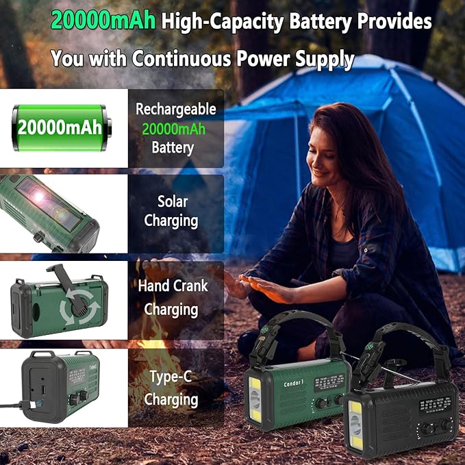 Emergency Weather Radio (Condor 1) NOAA/AM/FM with 74000mWh Portable Radio, USB-C/Solar/Hand Crank Charging, SOS Alarm, Flashlight, Reading Lamp & Survival Handle Kit for Indoor/Outdoor Emergency