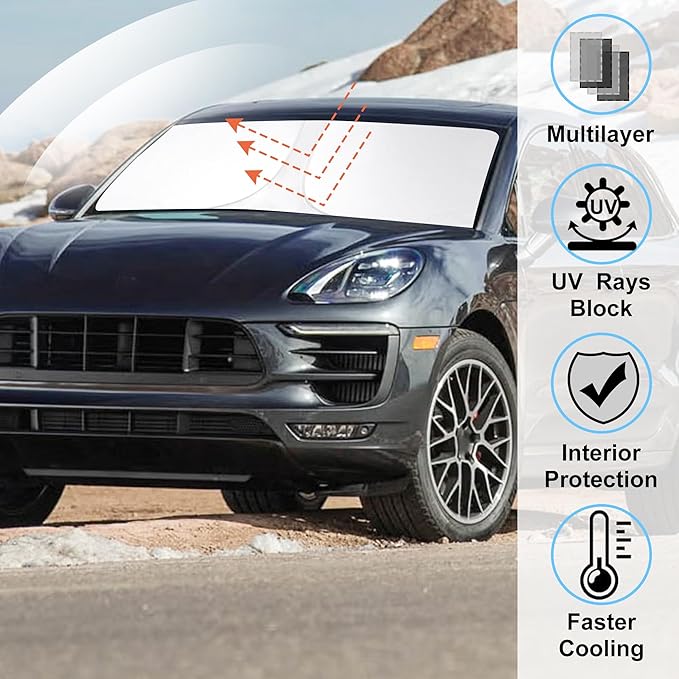 Windshield Sun Shade Custom Fit 2014-2020 2021 2022 2023 2024 2025 2026 Pors-Che Ma-can Accessories Foldable Sunshade Sun Blocker Front Window Shades Covers Keep Car Cooler