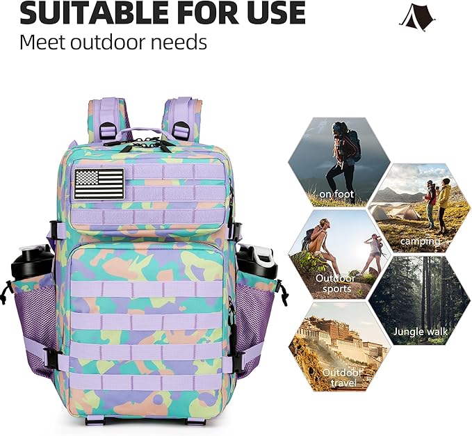 Lovelinks21 45L Tactical Assault Backpack 3 day assault pack with Molle Waterproof backpack Rucksack for Tactical Backpacks (PurpleGreenYellow)