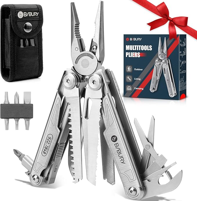 BIBURY Multitool with Pocket Knife, 19-in-1 Stainless Steel Pliers with Scissors, Self-locking Multi tools with EDC Sheath for Home, Camping, Hiking, Survival, Gifts for Men, BI2038A