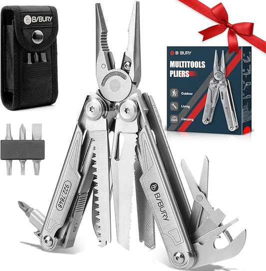 BIBURY Multitool with Pocket Knife, 19-in-1 Stainless Steel Pliers with Scissors, Self-locking Multi tools with EDC Sheath for Home, Camping, Hiking, Survival, Gifts for Men, BI2038A