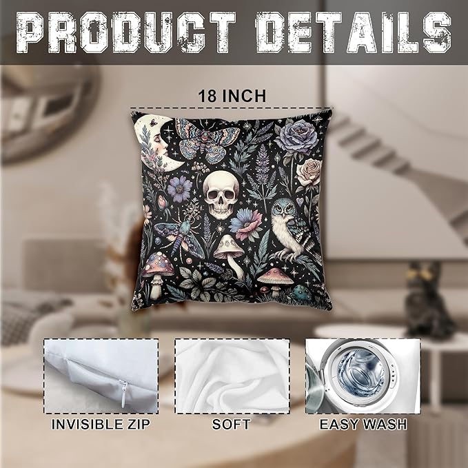Dark Academia Witchy Gothic Skull Mushroom Owl Moth Moon Pillow Cover 18x18, Dark Cottagecore Floral Botanical Night Garden Decorative Throw Pillow Cover for Home Bedroom Living Room Sofa Couch