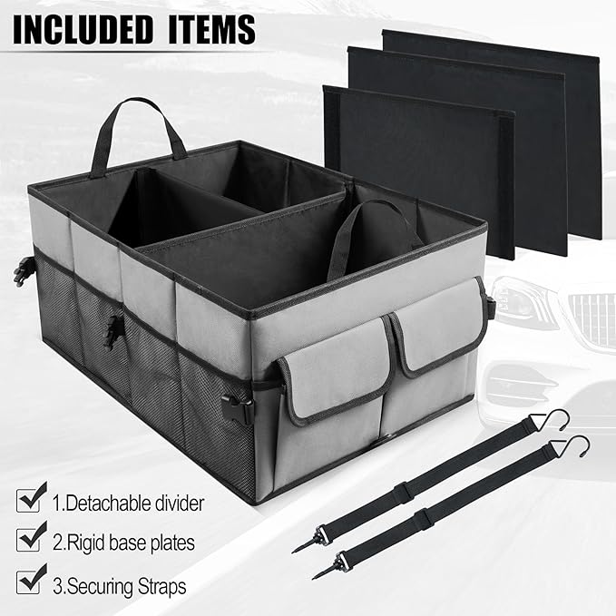 UYYE Auto Collapsible Trunk Organizer, 3 Large Compartments and 6 Pockets Durable for Cargo Storage, Easy to Storage Tools With Adjustable Securing Straps and Non-Slip Bottom for Car (Grey)