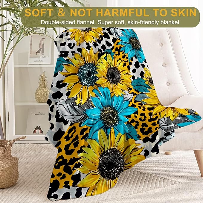 Sunflower and Leopard Print Fleece Blanket - Lightweight Soft Cozy Gifts Throw for Floral Lovers,Women,Adult,Yellow and Blue Chic Flower Blankets,Home Room Modern Artistic Decor 40x50in