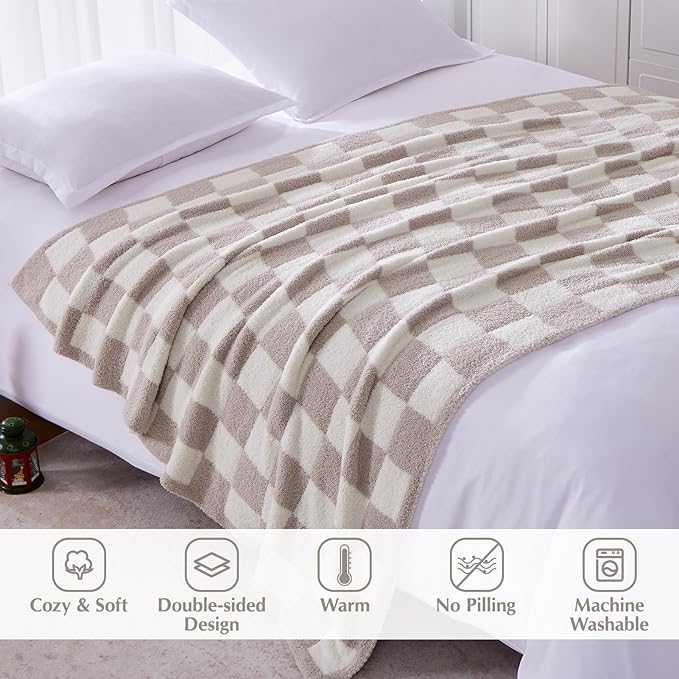 WRENSONGE Checkered Throw Blanket, Taupe Soft Cozy Fluffy Warm Throw Blankets for Couch, Sofa, Chair, Bed, Camping, Picnic, Office,Travel Lightweight Bed Blanket - 50"*60"