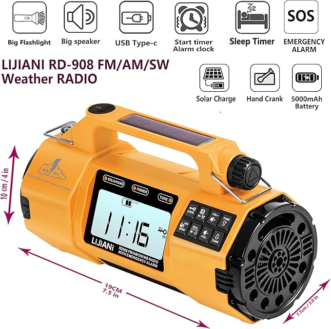 Emergency Radio FM/AM/SW/NOAA Weather Alert, Big Flashlight Big Speaker,Sleep Timer Alarm Clock, Solar/Hand Crank 5000mAh Replaceable Battery,with Cell Phone Charger Hurricane Storm Survival kit