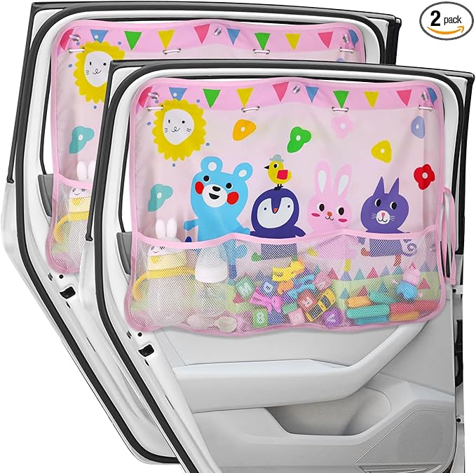 DIZA100 Car Sun Shade for Window Baby (2 Pack), Blackout Window Shades with Storage Net Pocket, 7 Suction Cups, Cute Patterns for Sun/Heat/UV Rays Block