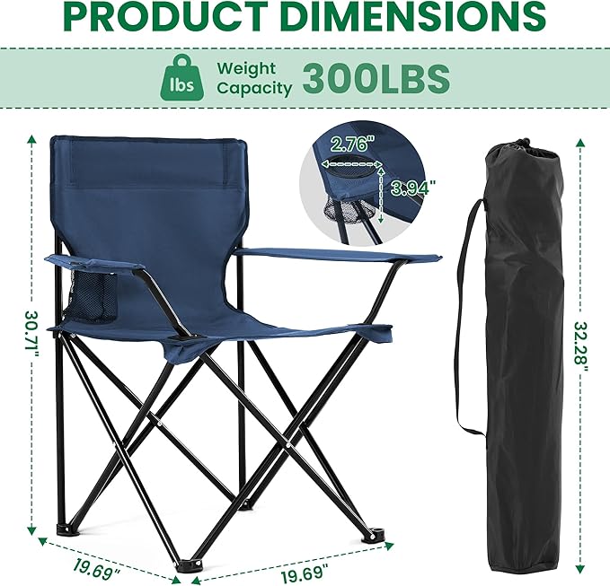 4 Pack Folding Camping Chairs for Adults, Foldable Portable Beach Chairs with Carry Bag & Cup Holder, Compact Design for Camping, Beach, Picnics, and Fishing Supports 300LBS（Navy）