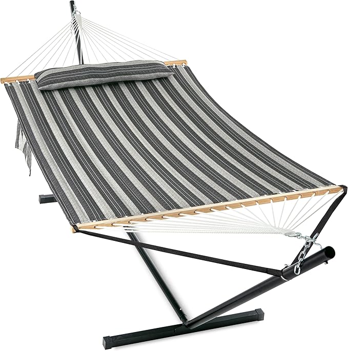 GAFETE 2 Person Hammock with Stand for Outside, Heavy Duty Steel Stand, Double 55inch Hammocks, Large Removable Pillow, Storage Bags, Max 475 lbs Capacity (Mountain Mist Gray)