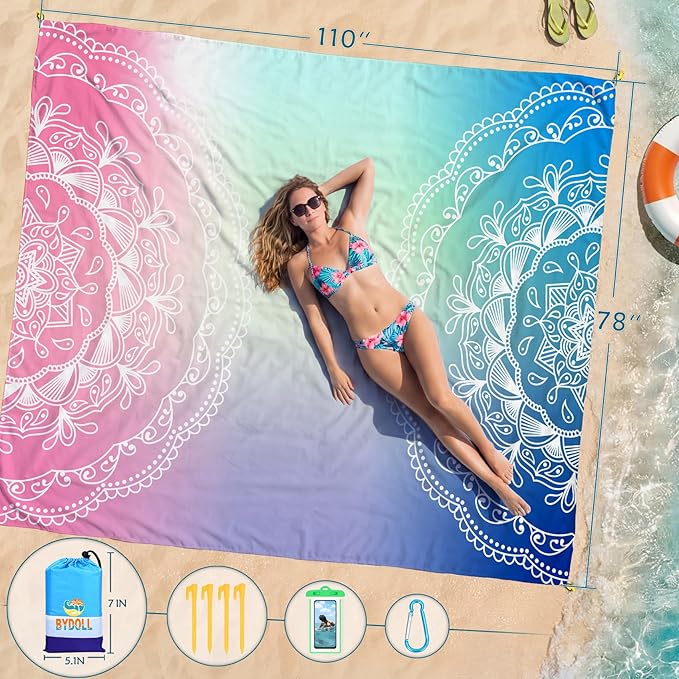BYDOLL Beach Blanket 78''X110'' Waterproof Sandproof Suits1-7 Adults Oversized Lightweight Large Blanket Picnic Mat for Beach Sand Free Travel Camping Hiking Picnic