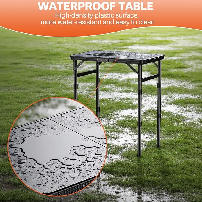 FUNYKICH Camping Table with Plastic Tabletop L22.8''xW15.7'', 3 Height Adjustable Small Folding Table, Lightweight Aluminum Portable Picnic Table with Carry Handle for Camping, Beach, Picnic, Black