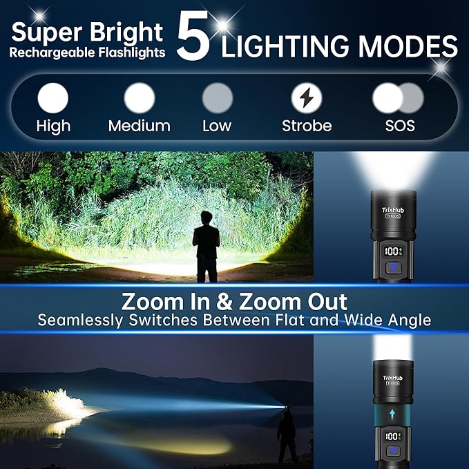 TrixHub Rechargeable Flashlights 3 Pack, Super Bright High Lumens Flash Light, 5 Modes Zoomable Linternas with LCD Digital Display, Powerful Handheld LED Flashlights for Home Emergencies Camping