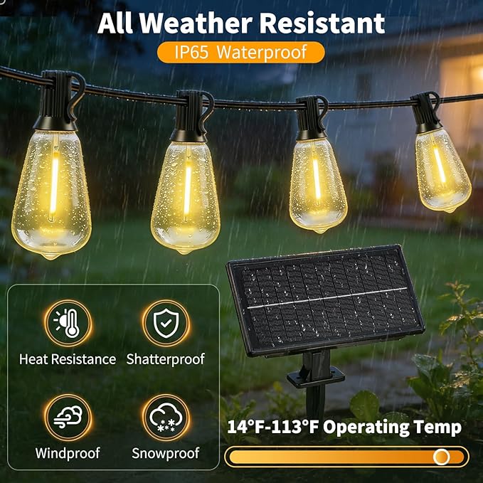 Outdoor Solar String Lights Waterproof: ST38 50ft Shatterproof Patio Lights - Solar Powered & USB Dual Charging - 3 Modes Button Control - Garden Backyard Gazebo Porch Party Decor