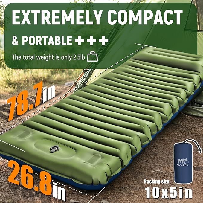 Myxslop Camping Sleeping Pad, Thick 5 Inch Camping Mat with Pillow Built-in Foot Pump Ultralight Inflatable Sleeping Pads for Camping, Backpacking, Hiking, Tent