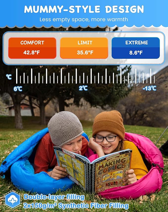 KingCamp 45°F Kids Sleeping Bag, Lightweight Waterproof & Compact Flannel Sleeping Bags Cold Weather & Warm Youth Essentials Gear Accessories for Camping, Fits 10-12 Children up to 4'7"-5'5" Tall