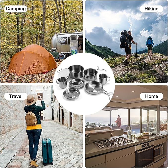 Stainless Steel Camping Cookware Mess Kit - Portable Backpacking Cooking Set with Pot/Plates/Cups & Storage Bag, Outdoor Cookware for Hiking, Picnic, Camping & Backpacking Adventures（8PCS）