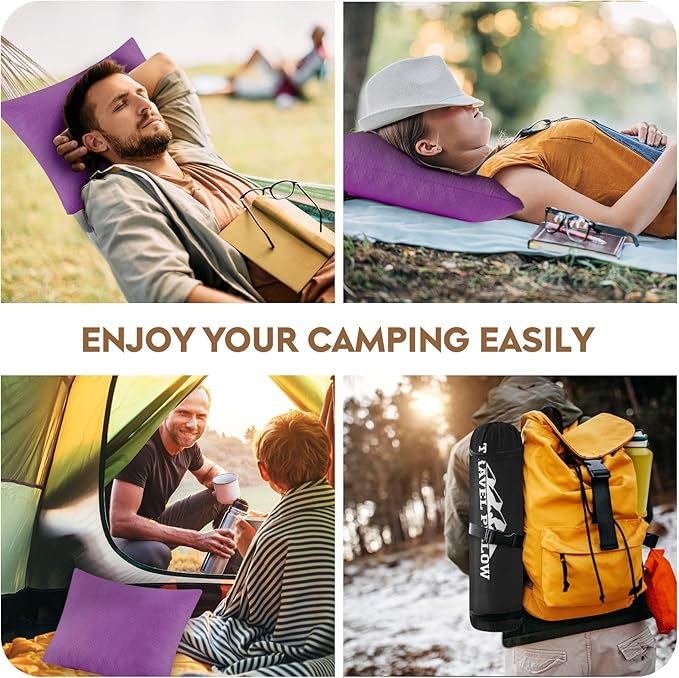 Small Shredded Memory Foam Pillow, Camping Pillow Travel Pillow - Compressible Medium Firm, Breathable Cover, Ideal Backpacking Hiking, Airplane and Car (Purple, L)