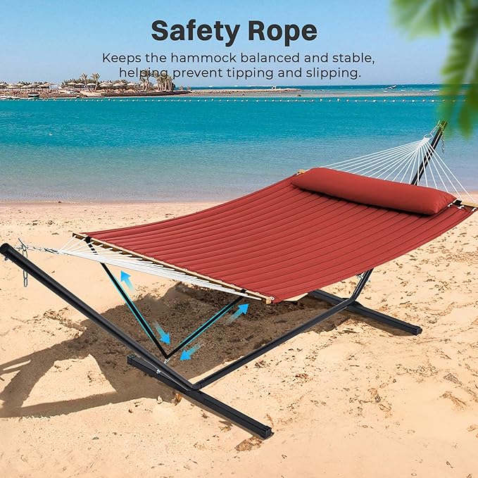 SUPERJARE Hammock with Stand, 2 Person Quilted Outdoor Hammock, Detachable Pillow & Bamboo Spreaders, Portable Hammock with Carrying Bag, Heavy Duty Stand, Perfect for Outside, Patio, Burgundy