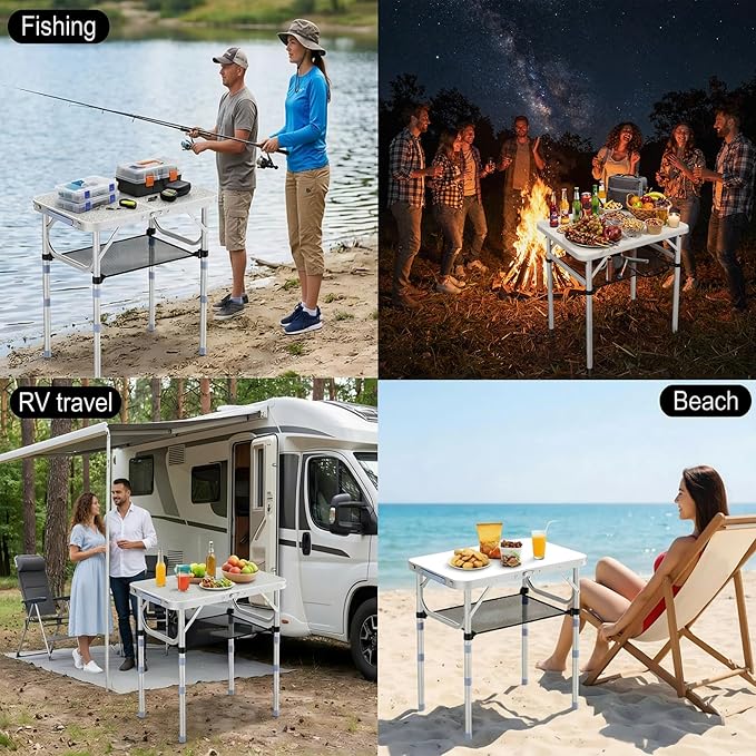 Small Folding Table Portable, 2ft Camping Pinic Table with 3 Adjustable Height, Aluminum Foldable Lightweight Patio Side Table with Carry Handle for Outdoor Indoor Hiking Camp BBQ Beach (White)