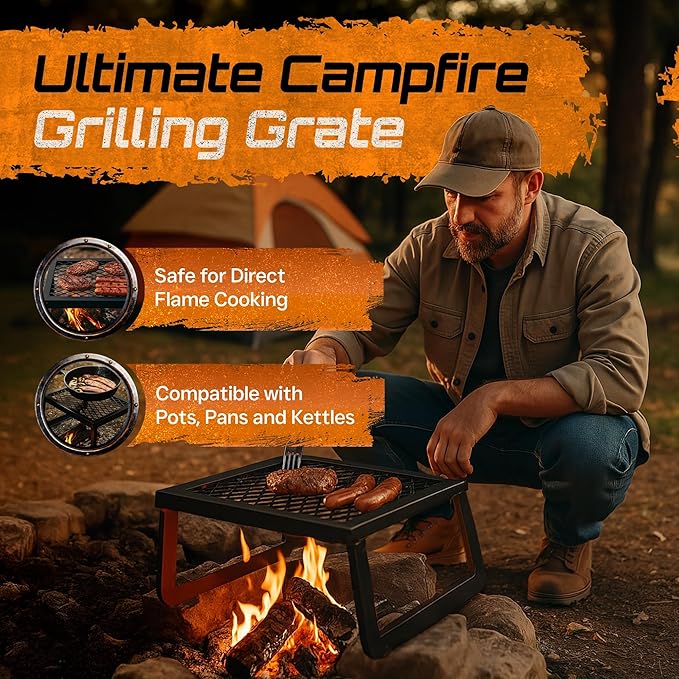 Adventure Seeka Folding Campfire Grill – Portable Over-Fire Grill with Food-Safe Coating, Heavy Duty Steel, Compact with Folding Legs - Camping, RV, Overlanding, Fire Pits