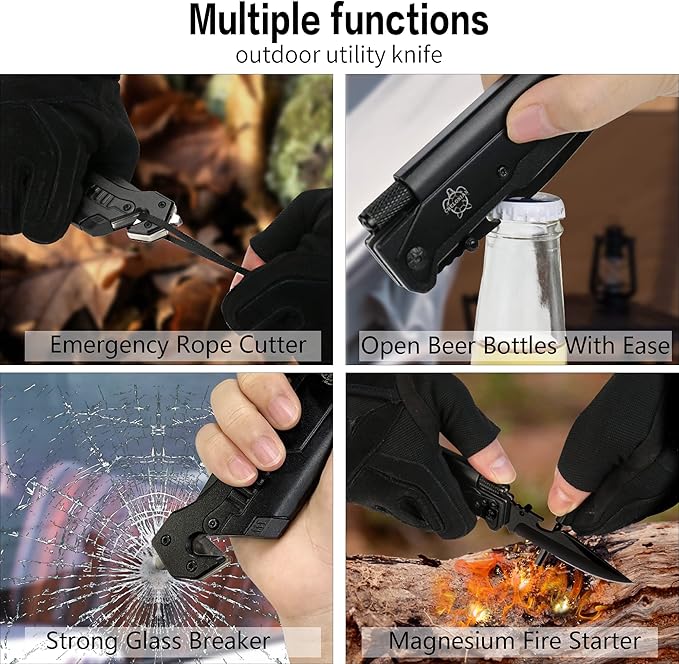 8.5" Military Outdoor EDC Camping Pocket Knife, 7 in 1 Multi-Function Folding Knives with Fire Starter LED Light Seatbelt Cutter Glass Breaker Bottle Opener Tactical Blade (Black)