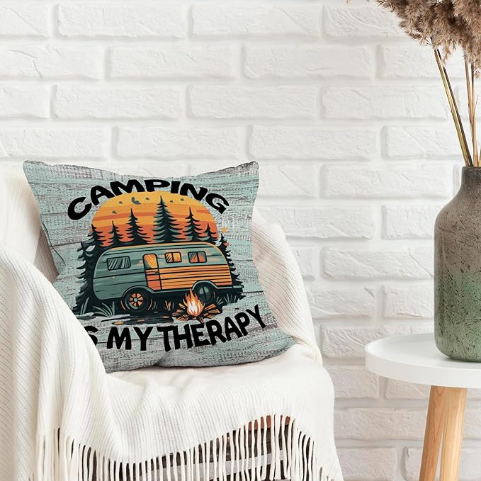 Camping Camp Decorative Throw Pillow Covers, Camping is My Therapy RV Gifts for Camper, Rustic Campsite Pillow Cases Decor for Couch Bedroom 18x18in