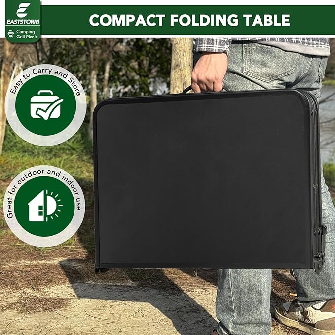 E EASTSTORM 35 inch Folding Table for 4 Person, Heavy-Duty Metal Tabletop, 2 Adjustable Height Camping Table, Portable Outdoor Table with Carrying Handle,for Patio, Picnic, Parties, BBQs, Black