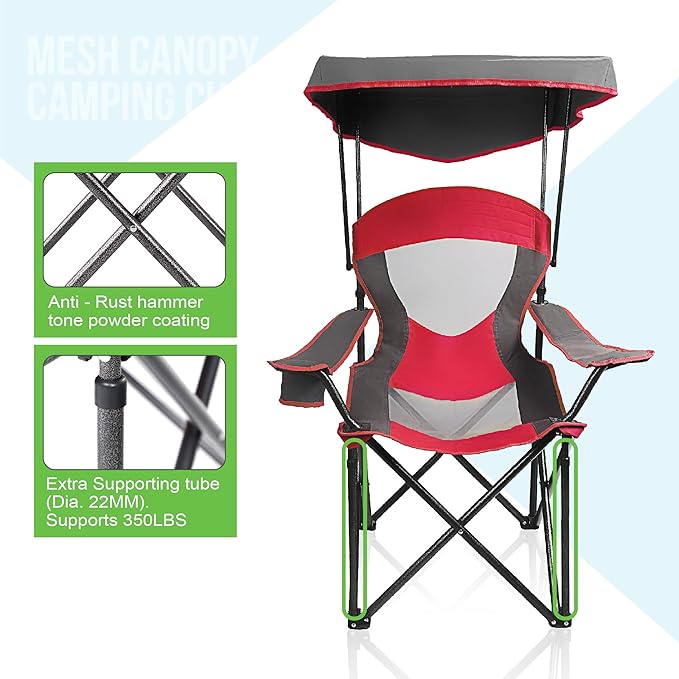ALPHA CAMP Heavy Duty Canopy Camping Chair, 350 lbs Capacity Oversized Folding Chair with Adjustable Sunshade, Portable Sunshade Chair with Cup Holder for Beach, Fishing, Outdoor
