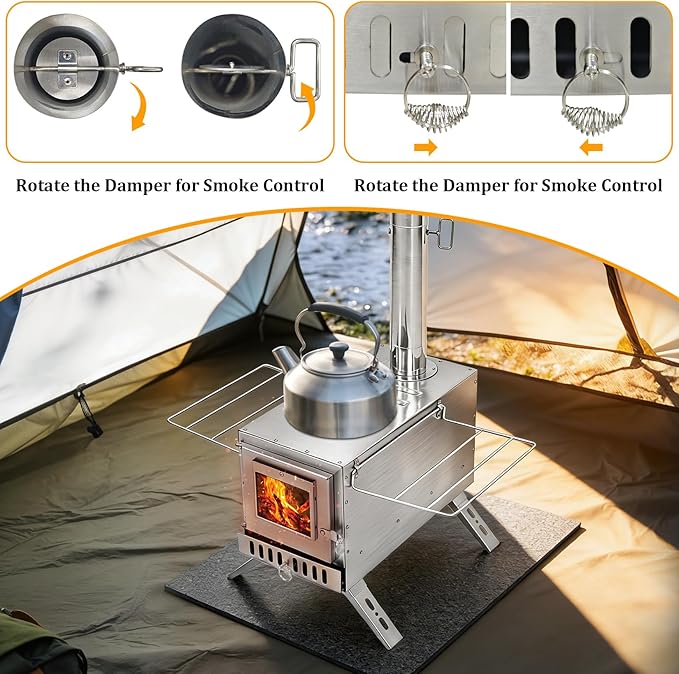 unho Stainless Hot Tent Stove 15in Wood Burning Stove with 6 Chimney Pipes for Outdoor tent heater for camping Prevent rusting