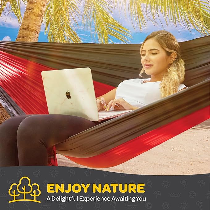 Durable Hammock 500 lb Capacity, Nylon Camping Hammock Chair - Double or Single Sizes w/Tree Straps and Attached Carry Bag - Portable for Travel/Backpacking (Large, Black with Net)