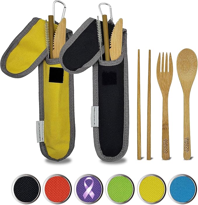 Travel Utensils with Case Set Fork, Knife, Spoon, Chopsticks, Straw, Straw-cleaning brush, Travel Pouch and Carabiner, Excellent For Everyday Use! ((2 Sets) Midnight Black/Sunrise Yellow)