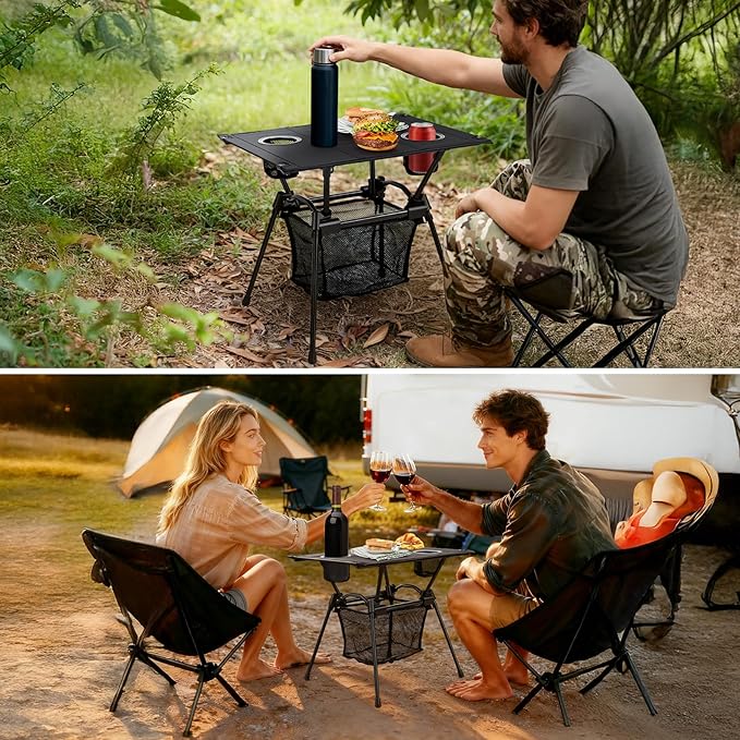 GARLLEN Folding Camping Table, Ultralight Compact Beach Table with Fabric Tabletop, Portable Folding Picnic Table with Cup Holder & Storage Net for Sand, Camping, Outdoor, 23.2“L x 15.7”W