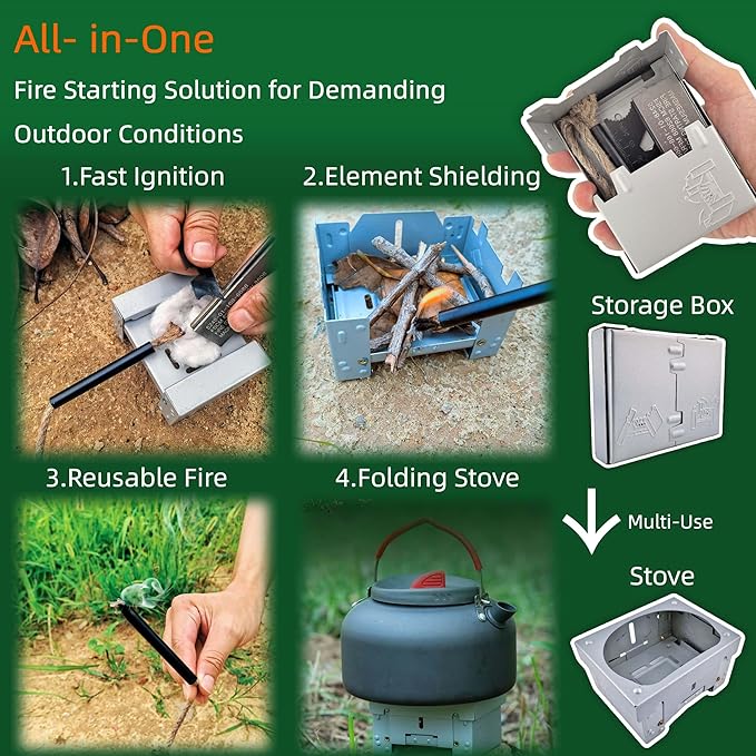 Survival Fire Starter Kit - Ferro Rod & Magnesium Fire Starter Compact Solo Stove with Flint and Steel to Firestarter Fireplace Pit for Outdoor Camping Bushcraft Hiking Emergency Gadgets