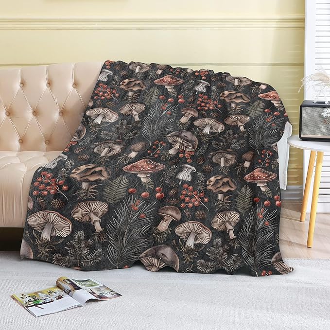 Vintage Mushroom Fleece Blanket - 50x60in Retro Woodland Berries Forest Throw Blankets,Soft Cozy Lightweight, Ideal for Living Room Home Rustic Decor and Kids Women Girls Spring Gifts