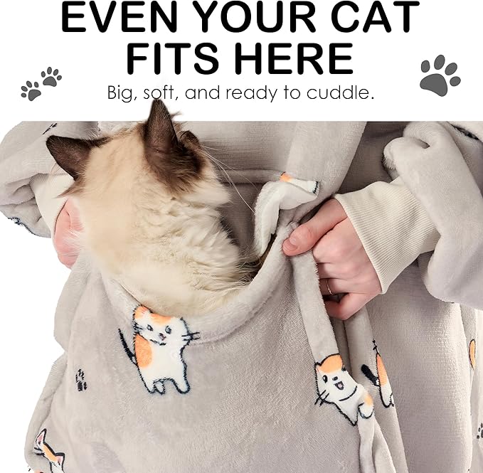 Krifey Wearable Blanket Hoodie, Oversized Sherpa Fleece Sweatshirt with Giant Pocket, Birthday Gifts for Women, Mom, Sister, Chill Cat