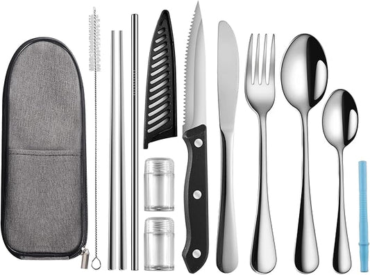 Logcow Travel Utensils with Case,Reusable Utensils,Portable Travel Camping Cutlery Set,Stainless Steel Flatware Set,Lunch Boxes Workplace Camping School Picnic (Sivler)