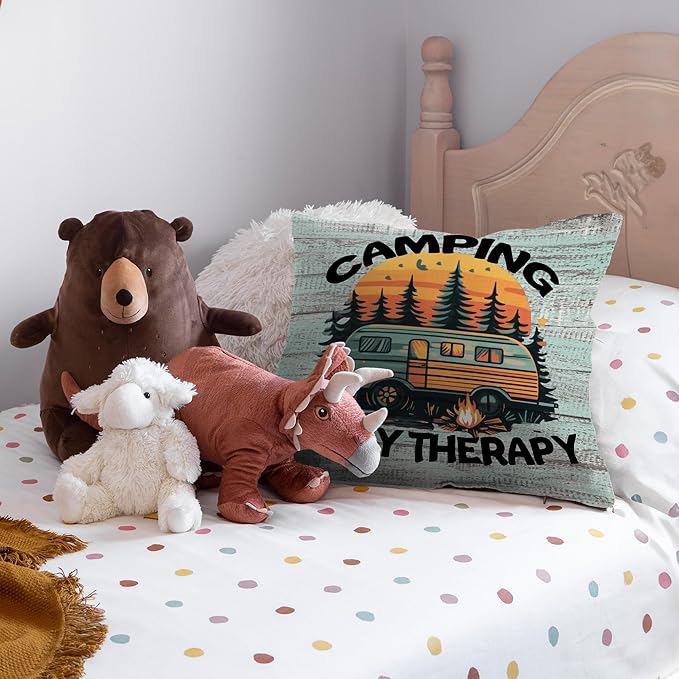 Camping Camp Decorative Throw Pillow Covers, Camping is My Therapy RV Gifts for Camper, Rustic Campsite Pillow Cases Decor for Couch Bedroom 18x18in