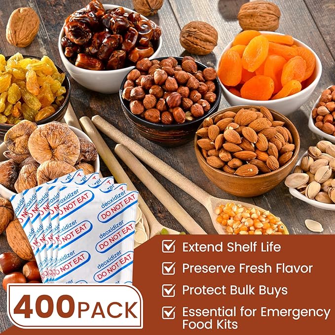 400 Counts 500cc Food Grade Oxygen Absorbers, 10 Individually Vacuum Sealed Packs with Oxygen Indicator, Oxygen Absorber Packets for Long Term Storage in Mylar Bag,Canning Jars, Freeze Dryer Storage