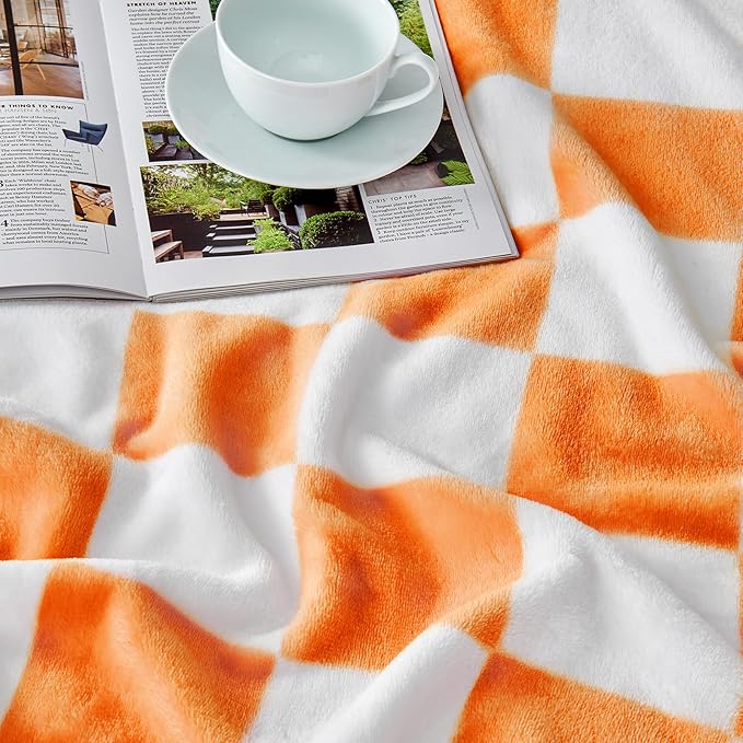 Edenleaf Orange Checkered Blanket, Soft Cozy Fleece Checkered Throw Blankets for Bed Sofa Couch Camping, Ultra Fluffy Throws for All Seasons, 60x80 Inch, Orange