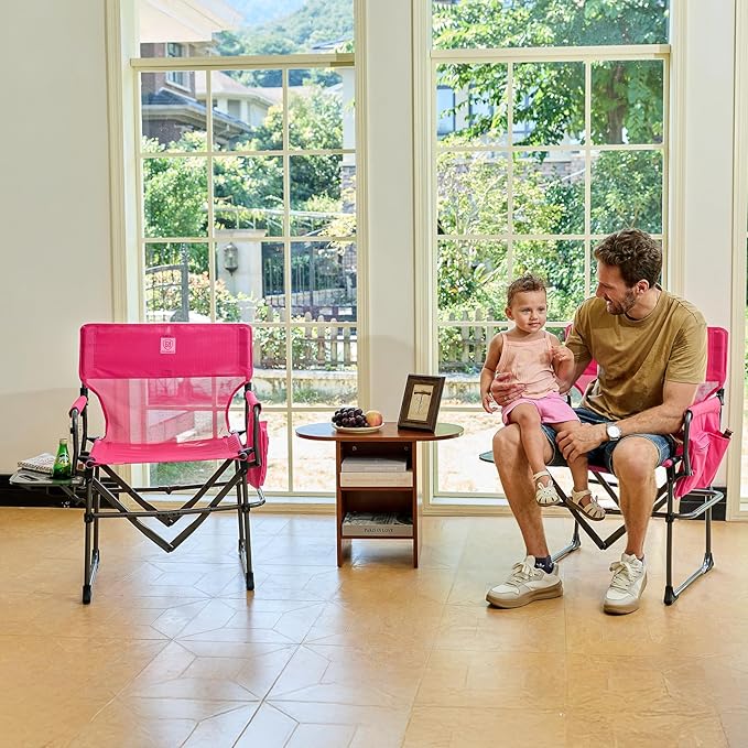 EVER ADVANCED Camping Directors' Chair with Side Table, Portable Folding with Compact Size, Breathable & Quick Dry Design Heavy Duty Lawn Chair with Pocket, 400lbs, Textilene Mesh, Pink