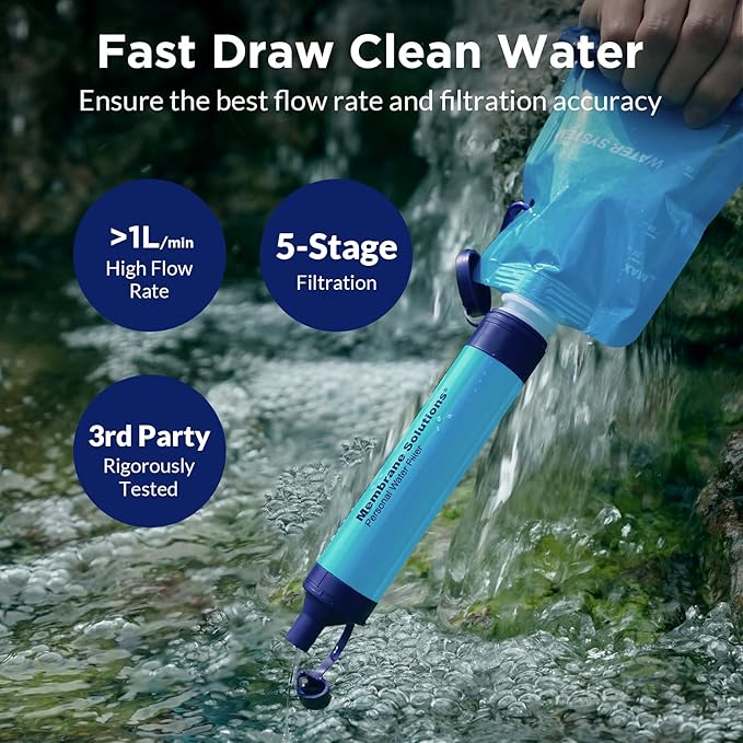 Membrane Solutions Squeezable Water Filtration System, Survival Water Purifier Kit, Portable Backpacking Gear Including Water Filter Straw and 23oz Collapsible Bottle for Hiking Camping Travel(7+6)