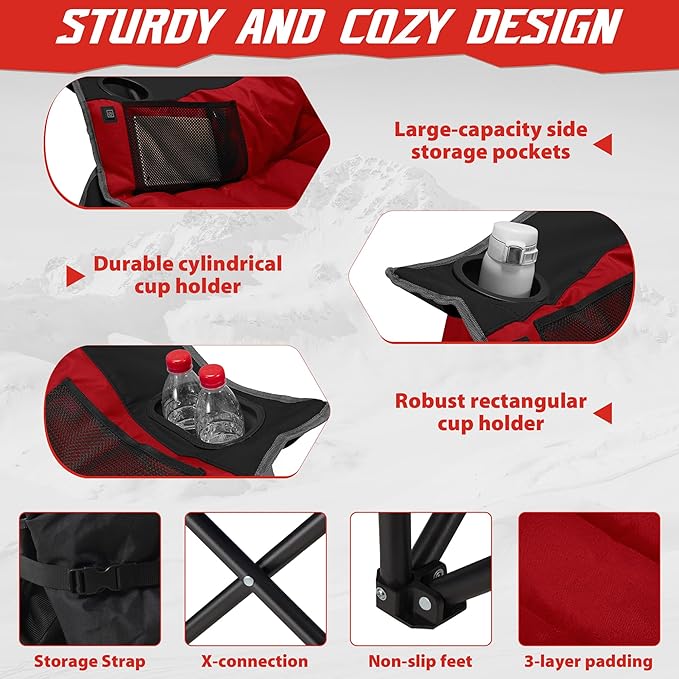 Youtanic Heated Camping Chair, 3 Heat Levels Oversized Padded Lawn Chair with Side Pockets and Cup Holder, Outdoor Heating Folding Camp Chair for Adults, Fishing, Sports, Picnic, up to 500lbs, Style 2