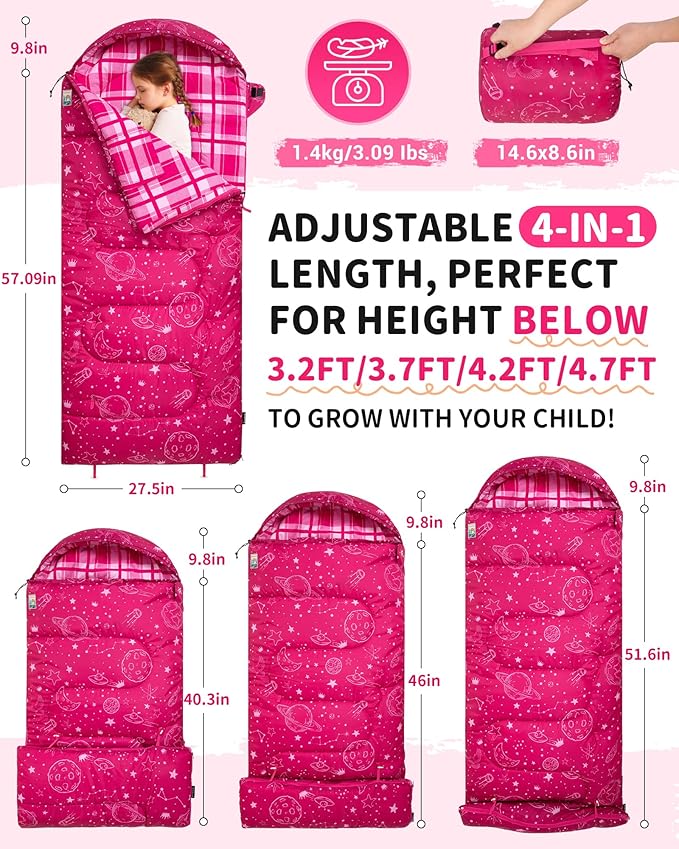 KingCamp 45°F Kids Sleeping Bag, Lightweight Waterproof & Compact Flannel Sleeping Bags Cold Weather & Warm Youth Essentials Gear Accessories for Camping, Fits 10-12 Children up to 4'7"-5'5" Tall