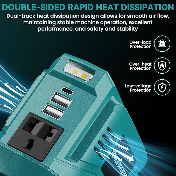 VAXCANZE 200W Power Inverter for Makita, DC 18V to AC 110V Inverter, Portable Power Station with 2 USB Ports & 1 AC Outlet & 1 Type-C Fast Charging, Battery Adapter with LED, Battery Not Included