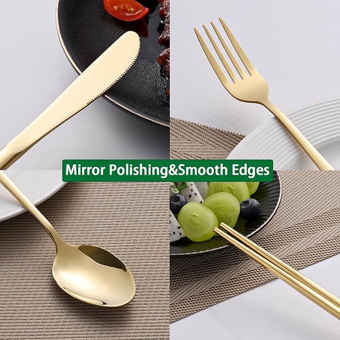 DEHOV Gold Travel Utensils Set With Pouch,Outdoor Camping Silverware Set For Picnic Gadgets,Set Of 5 Portable Cutlery Spoon And Fork Set With Case For Dining